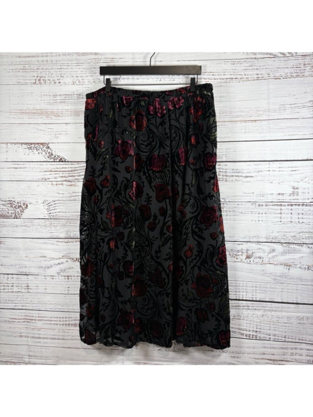 Coldwater Creek Black Pink Floral Velvet Sheer Lined Maxi Skirt - Picture 8 of 13